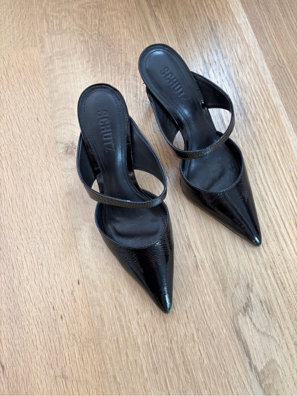 SCHUTZ Black Patent Pointed Toe Slip-On Heels - Picture 4 of 8